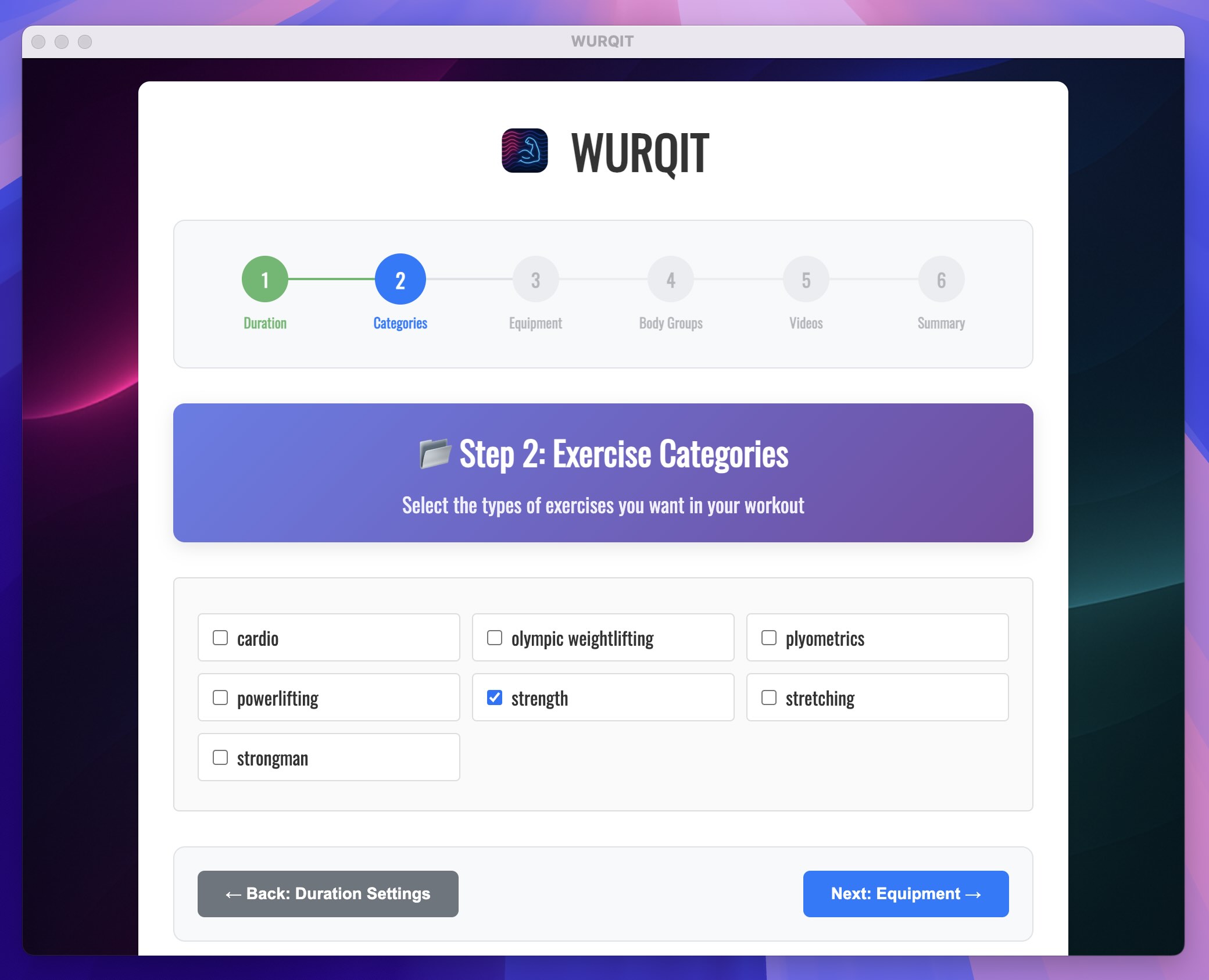 Wurqit Application Interface - Exercise Categories